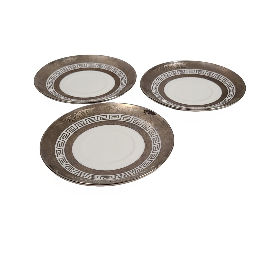 Set of 3 Saucers 5.5" Meander Greek Key Pattern Brown Silver White